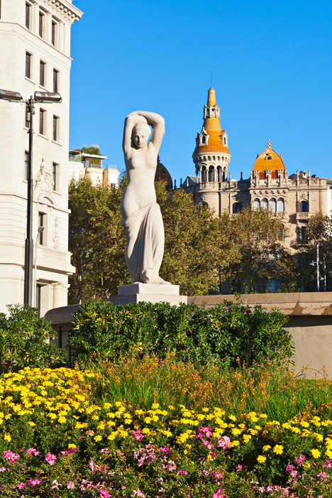 Public Statue and Flowers at Placa Catalunya, Barcelona