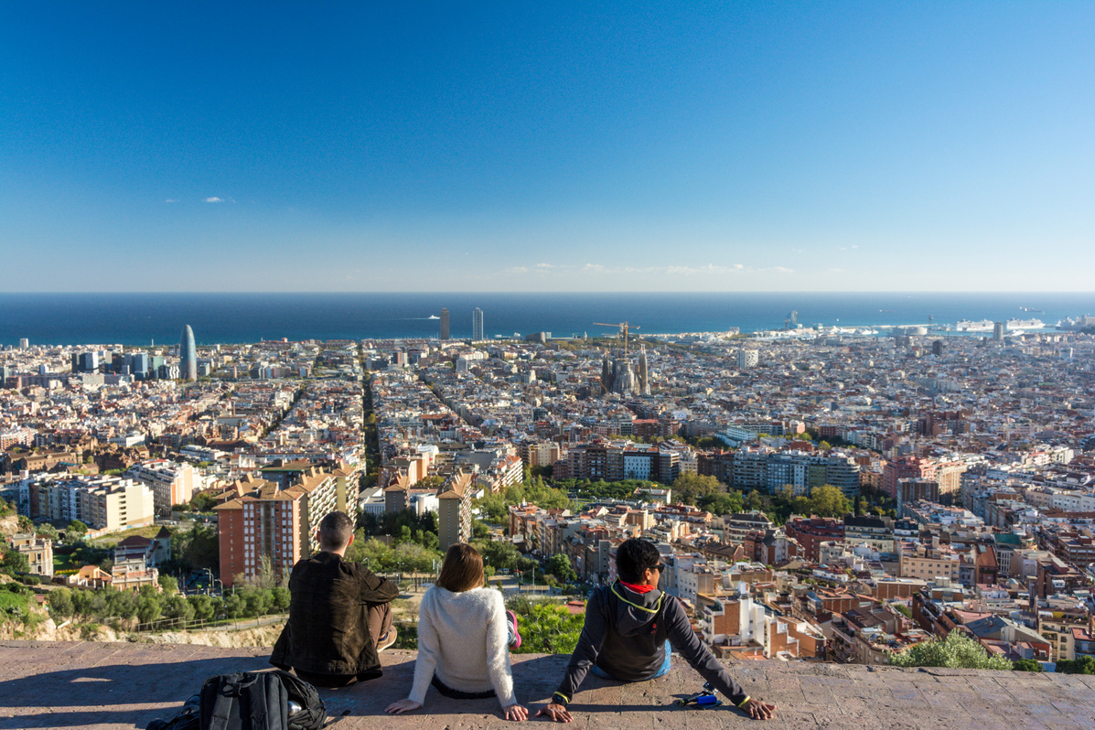 Friends Enjoying Barcelona View From Bunker Carmel Viewpoint