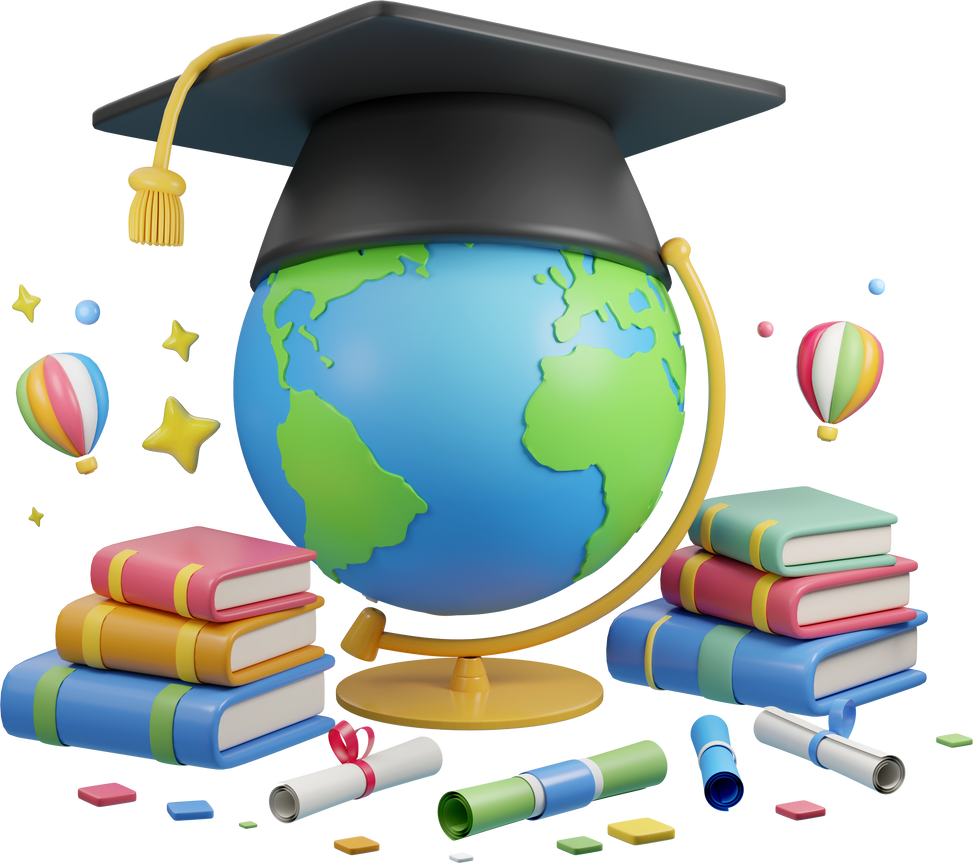 3D globe wearing a graduation hat surrounded by a stack of books and stars